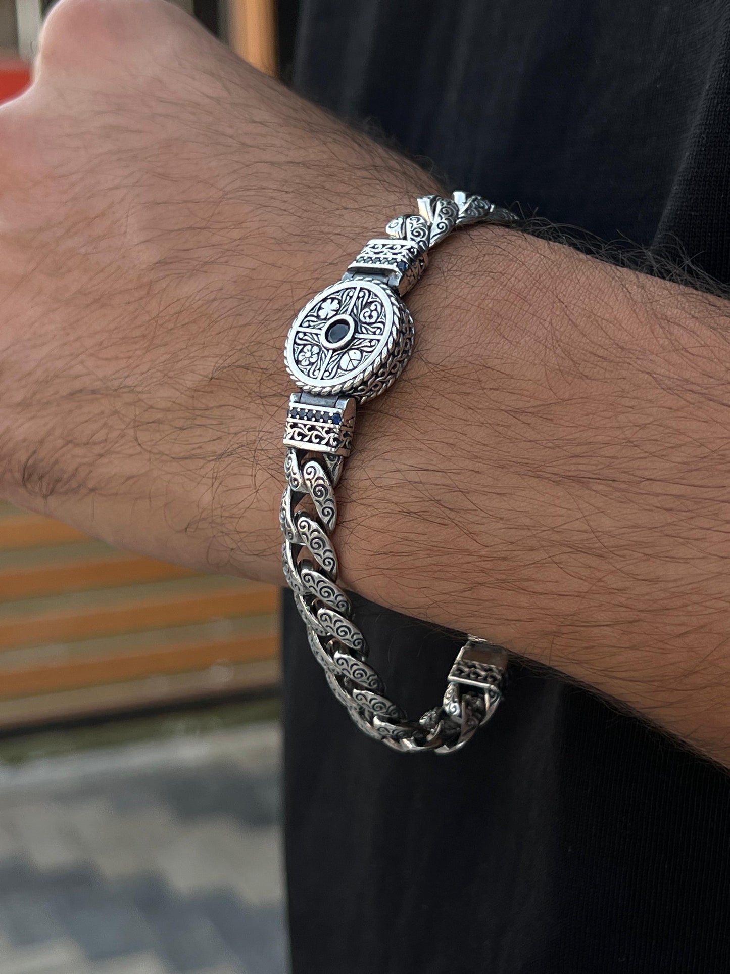 Zaro one stone - Engraved Bracelet for Men's Sterling Silver 925s-21cm