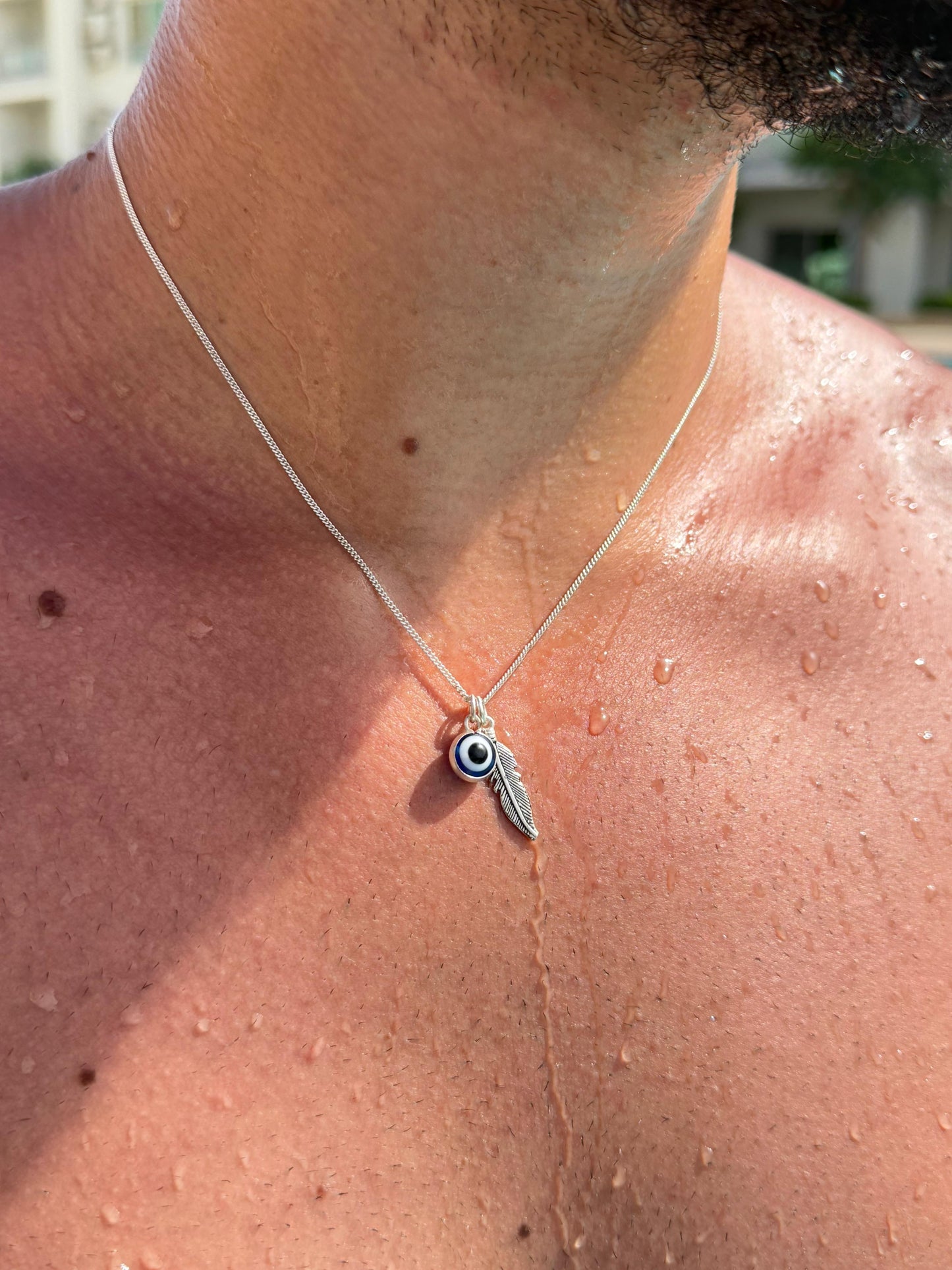 Evil Eye Feather Necklace in Sterling Silver 925s