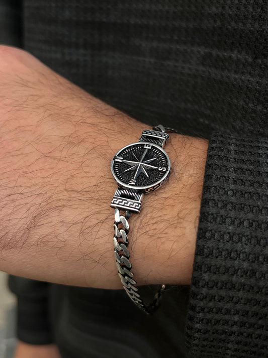 Black Compass Bracelet in Sterling Silver 925s-(20,5cm)