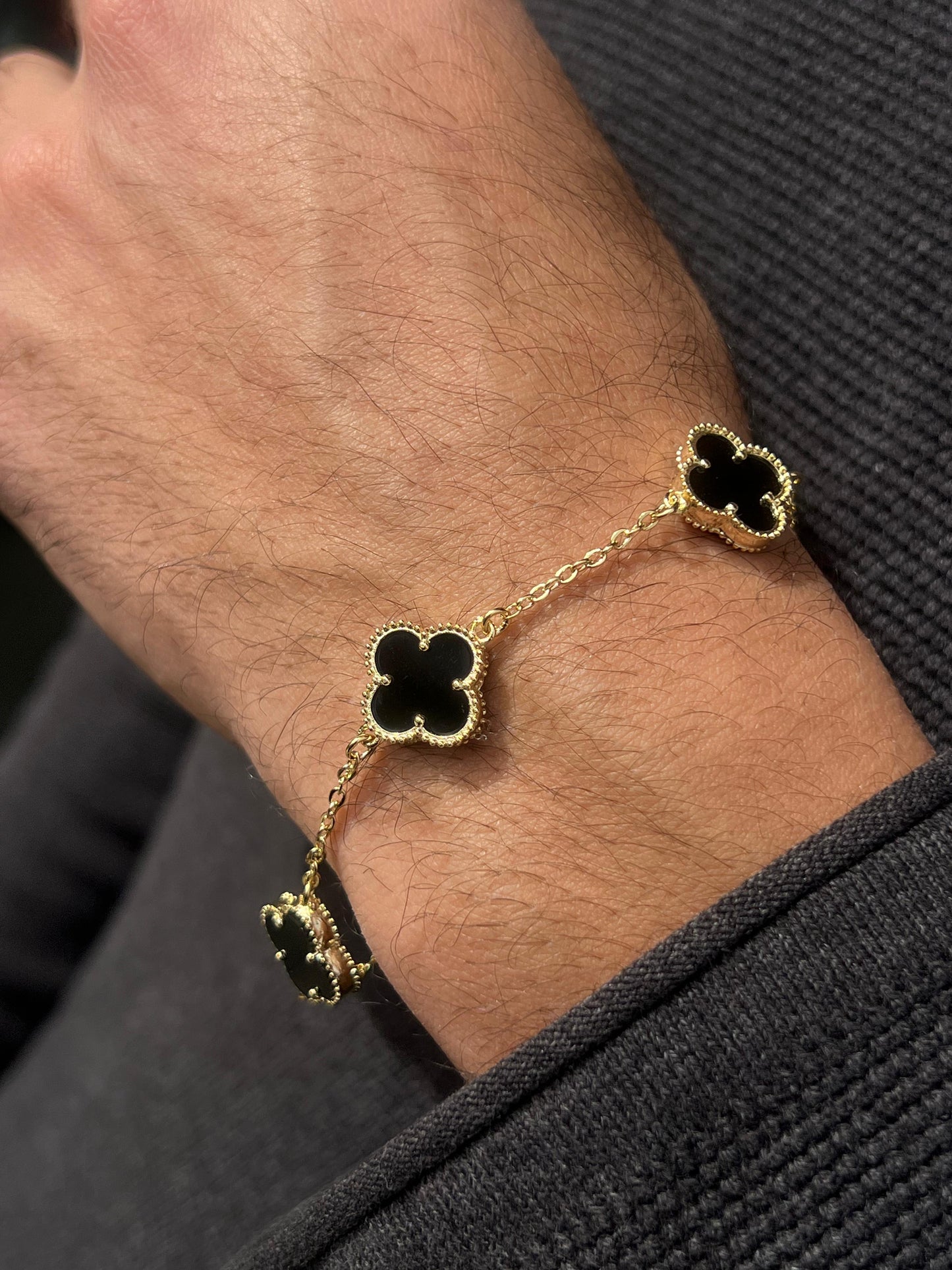 Fine Gold Plated Men’s 3 V.Clover & Arpels Black Onyx Bracelet in Italian Silver S925