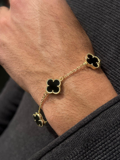 Fine Gold Plated Men’s 3 V.Clover & Arpels Black Onyx Bracelet in Italian Silver S925