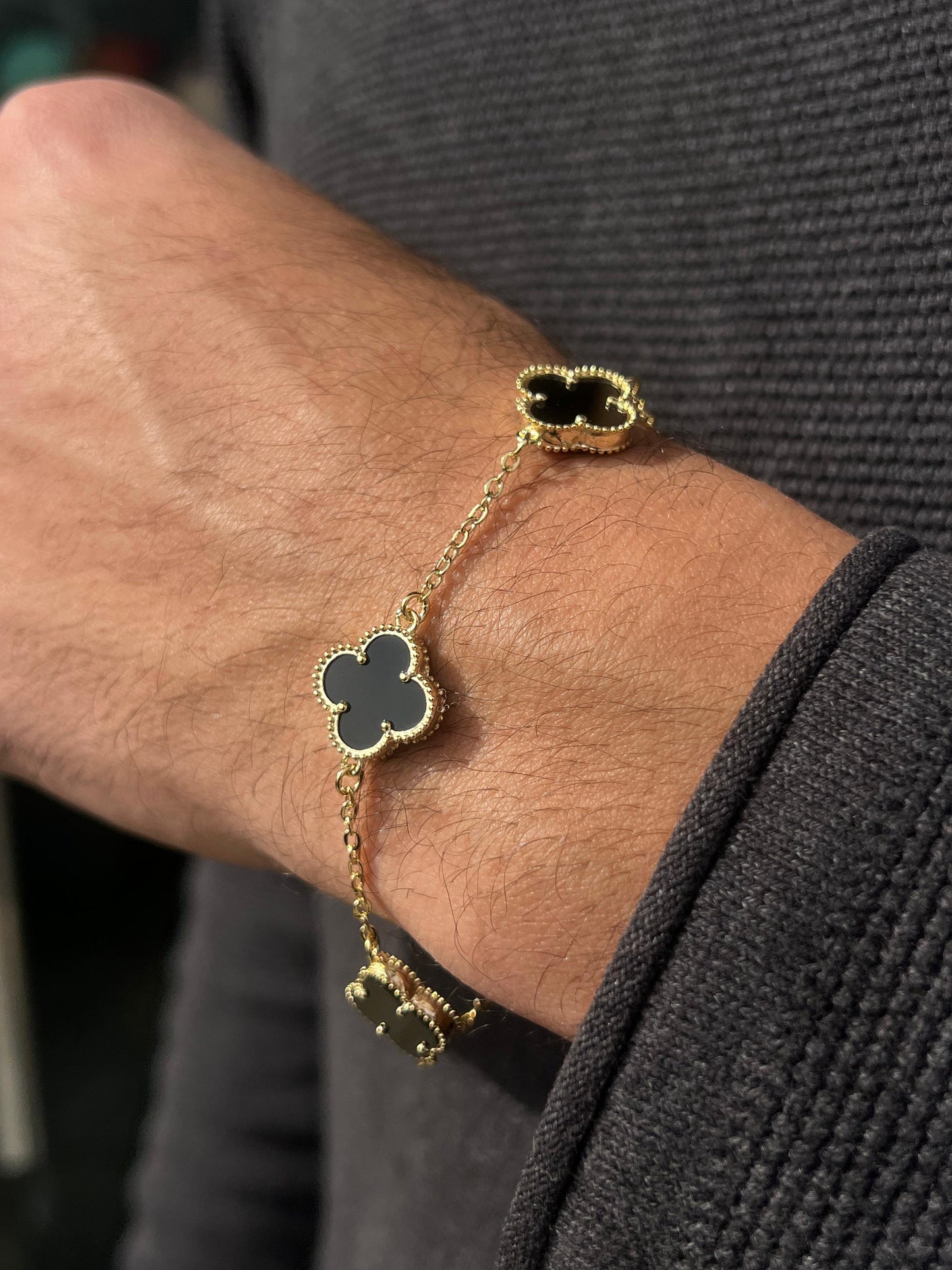 Fine Gold Plated Men’s 3 V.Clover & Arpels Black Onyx Bracelet in Italian Silver S925