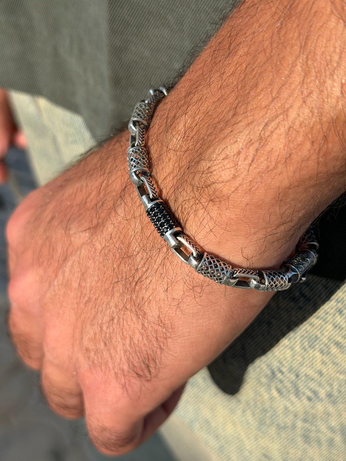 Black Gridlock Bracelet for Men's Sterling Silver 925s -6mm-