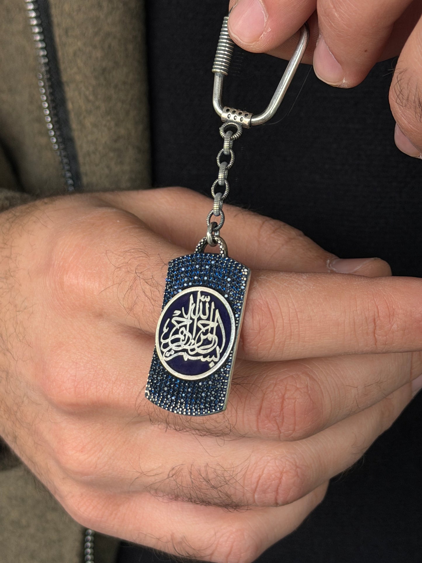 Islamic Zirconia Key Chain -Sterling Silver 925s -Dark Blue