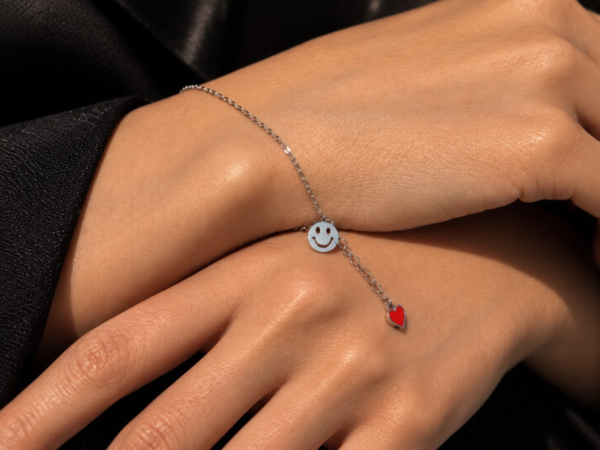 Smile- Red Heart Charms Bracelet -in Sterling Silver -925
