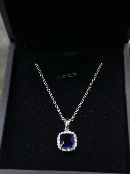 Royal blue Square zirconia Necklace -sterling Silver-925s
