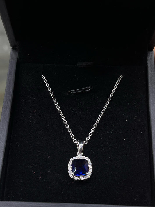 Royal blue Square zirconia Necklace -sterling Silver-925s