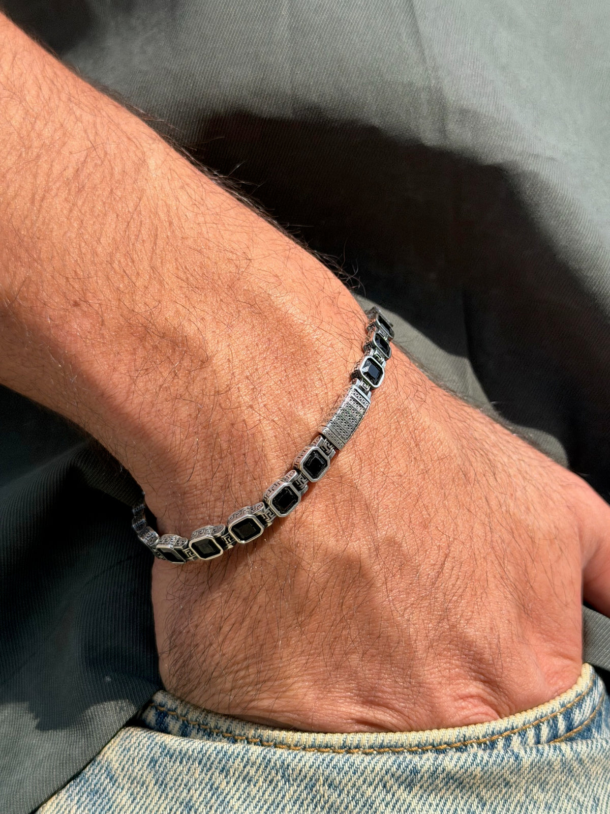 Noir Grid Bracelet for Men's Sterling Silver 925s -6mm-