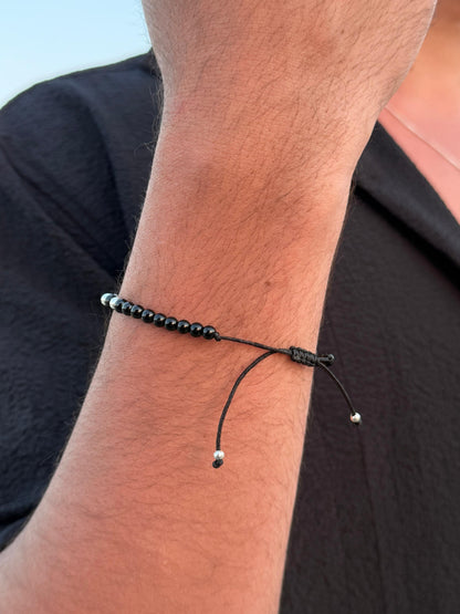 Onyx + Silver Beads Adjustable Macramé Bracelet