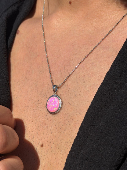 Circle Pink Opal Necklace in Sterling Silver 925s