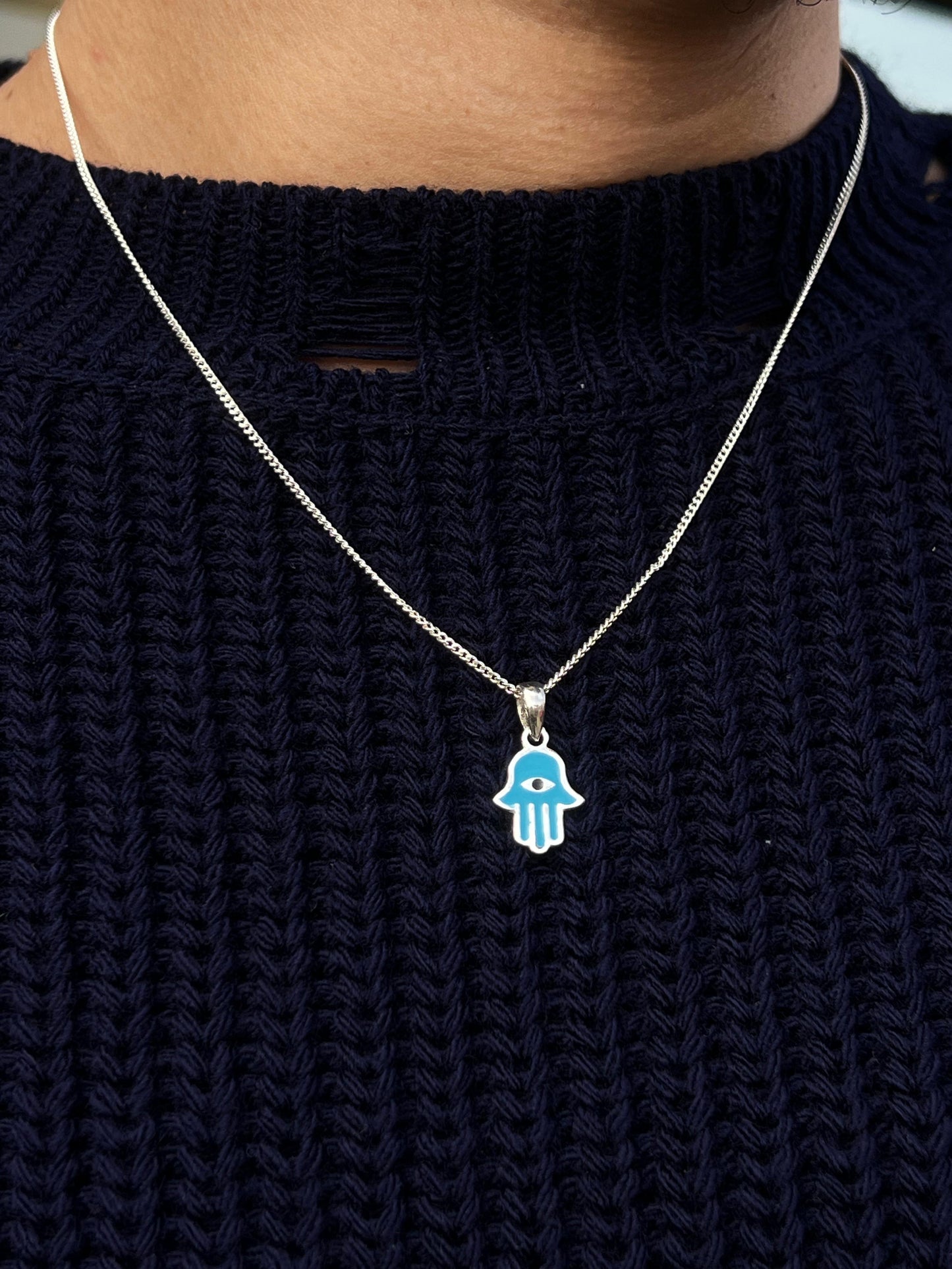 Aqua Hamsa-Grommet Necklace Sterling Silver 925s