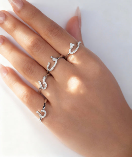 Pure Sparkling Arabic Letters  Rings in Sterling Silver -925