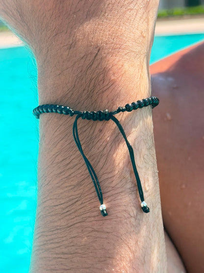 Azure crest + Silver Beads Adjustable Macramé Bracelet