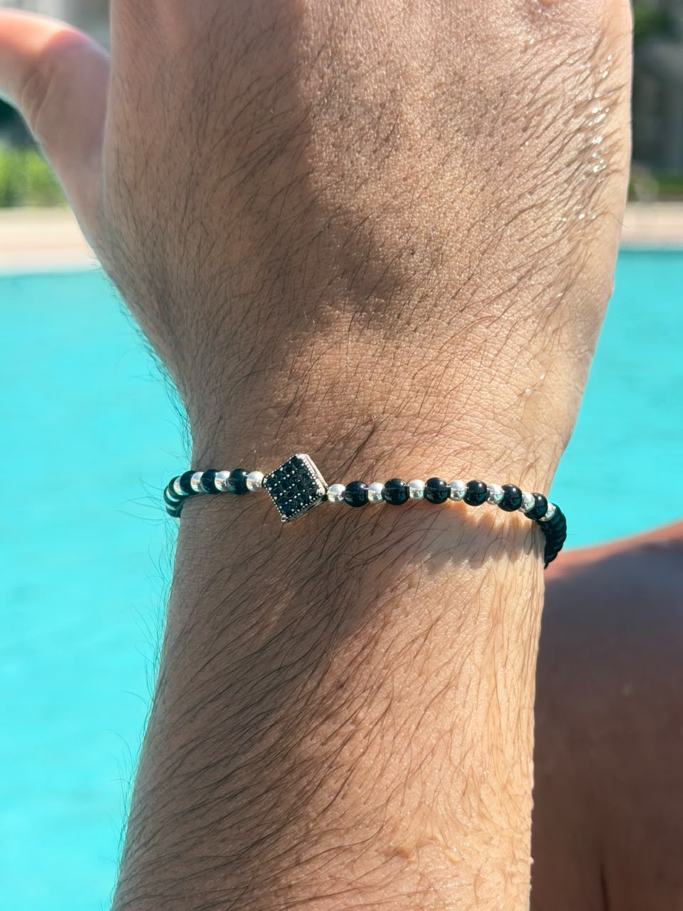 Noir crest + Silver Beads Adjustable Macramé Bracelet