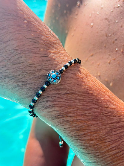 Azure crest + Silver Beads Adjustable Macramé Bracelet
