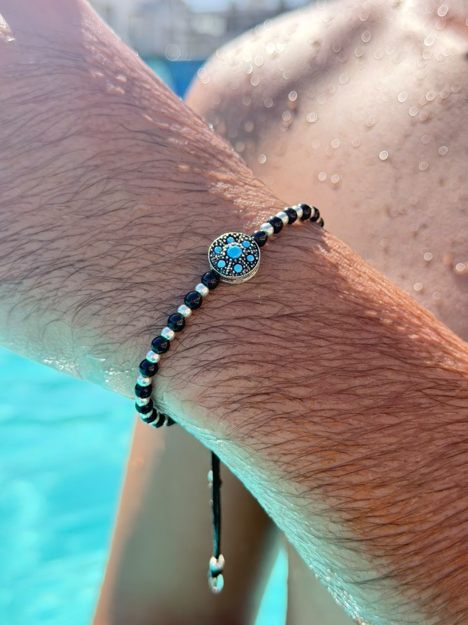 Azure crest + Silver Beads Adjustable Macramé Bracelet