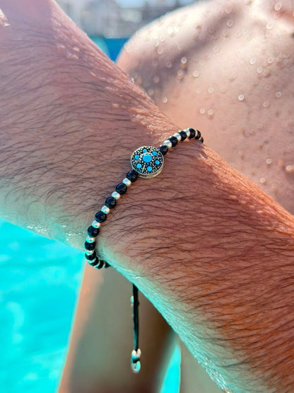 Azure crest + Silver Beads Adjustable Macramé Bracelet