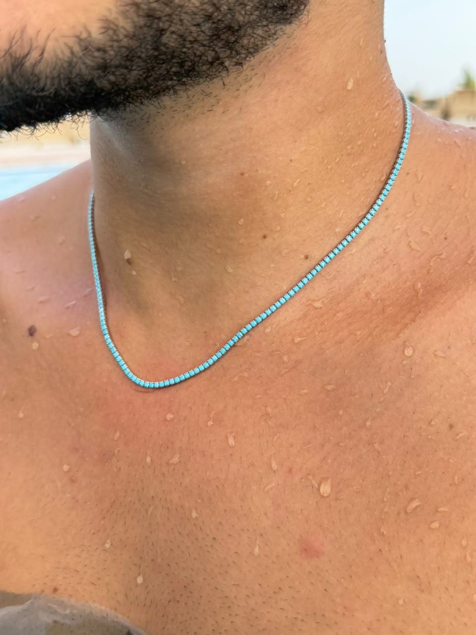 Turquoise Tennis box lock Necklace for Men's Sterling Silver 925s -(2.2mm)