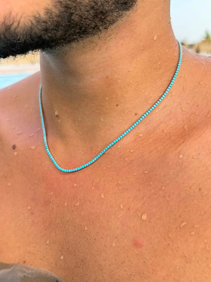 Turquoise Tennis box lock Necklace for Men's Sterling Silver 925s -(2.2mm)