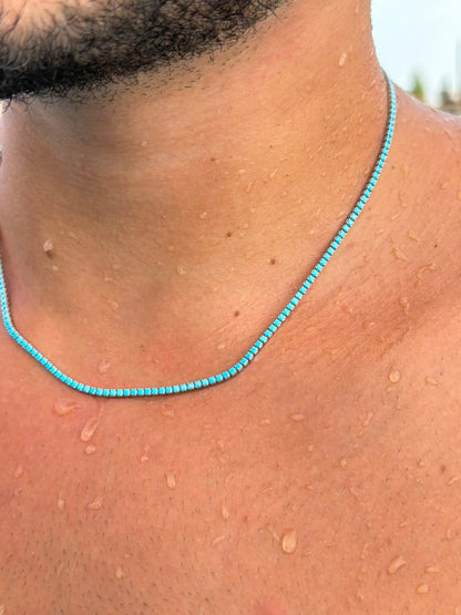 Turquoise Tennis box lock Necklace for Men's Sterling Silver 925s -(2.2mm)