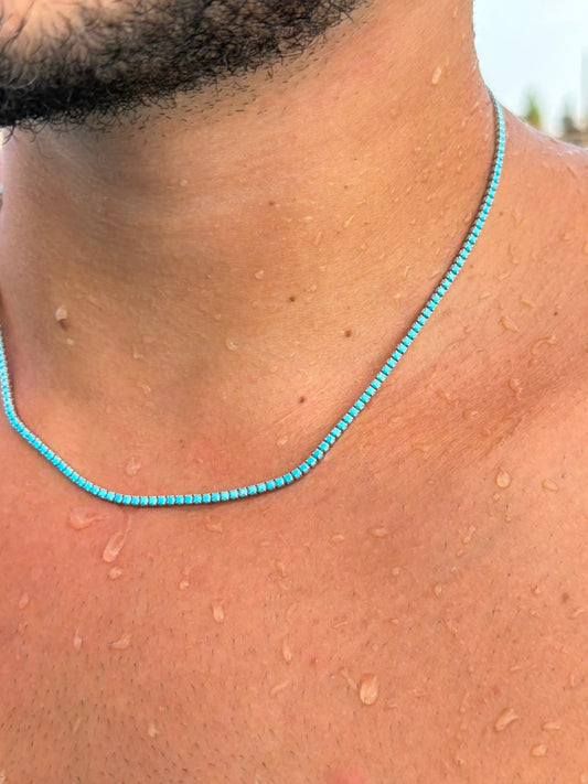 Turquoise Tennis box lock Necklace for Men's Sterling Silver 925s -(2.2mm)