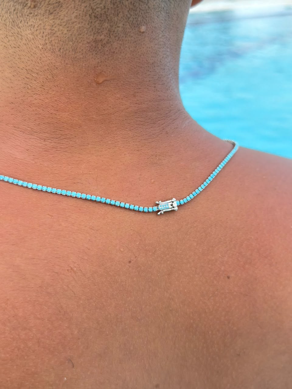 Turquoise Tennis box lock Necklace for Men's Sterling Silver 925s -(2.2mm)