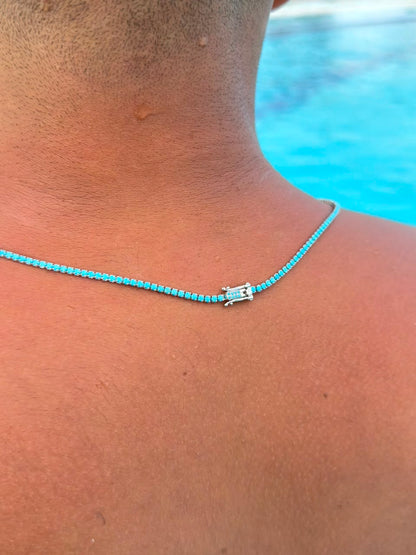Turquoise Tennis box lock Necklace for Men's Sterling Silver 925s -(2.2mm)